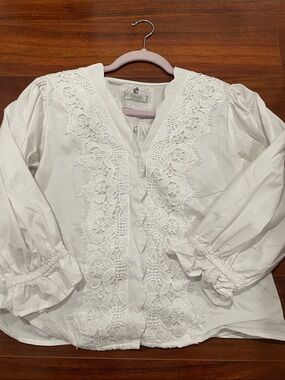 Cupio White Lace-Front Button Blouse